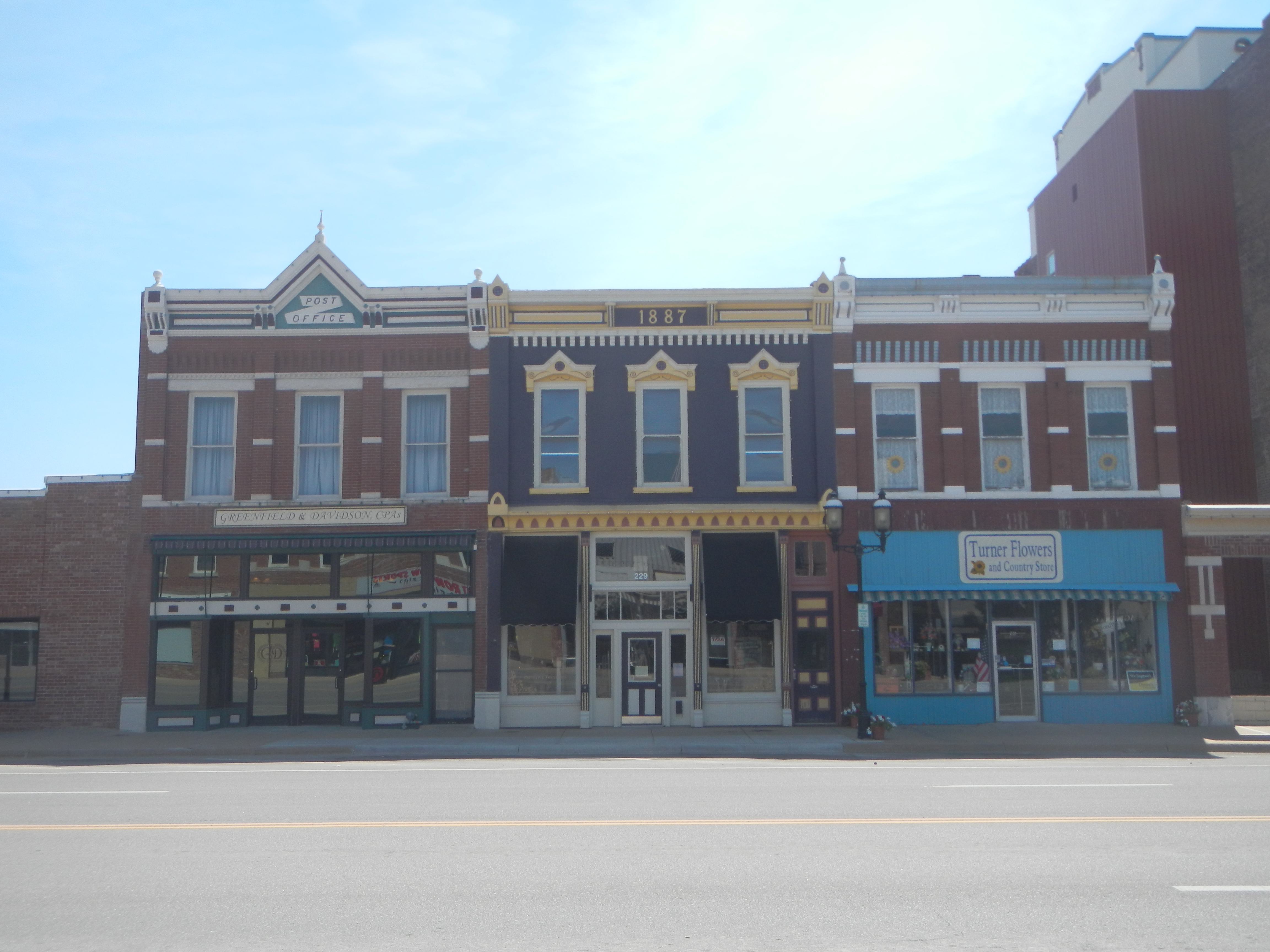 Street-level view of historic district buildings in Ottawa, Kansas